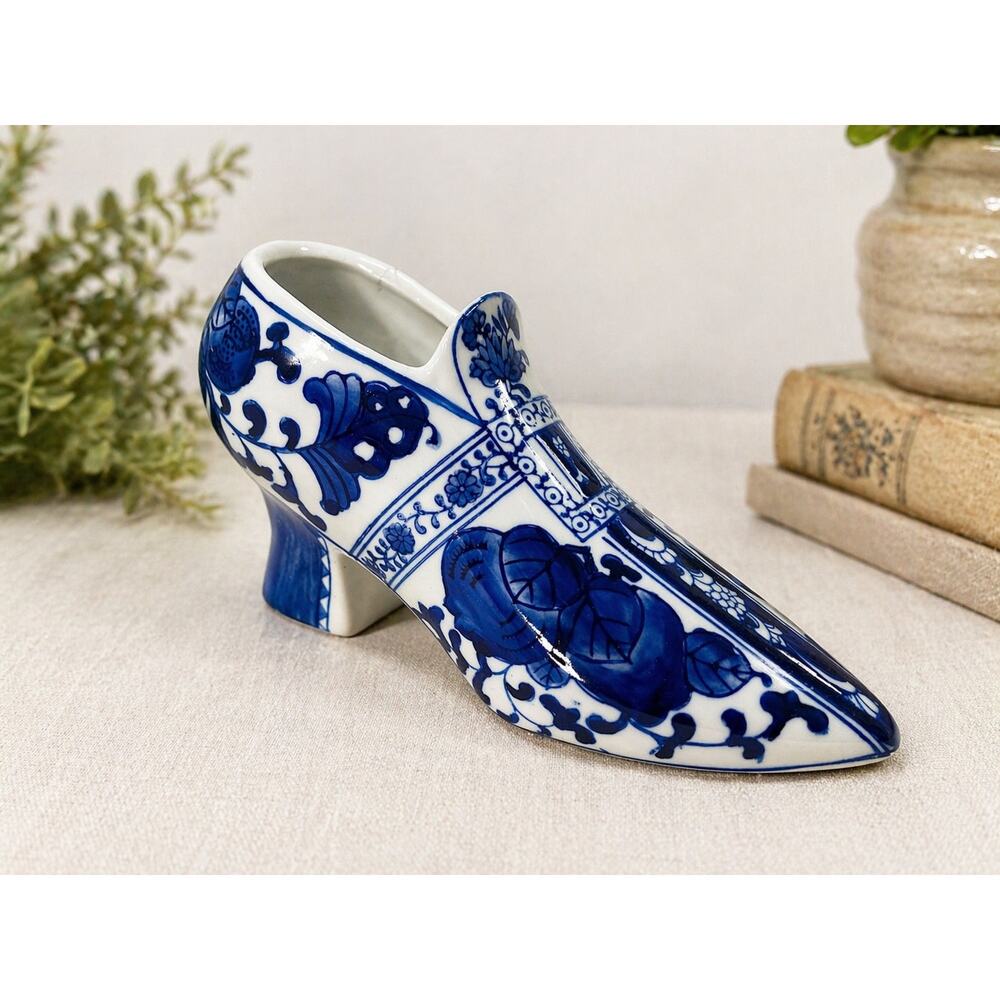 Blue White Ceramic Shoe Vase Floral Chinoiserie Slipper Planter Decor
